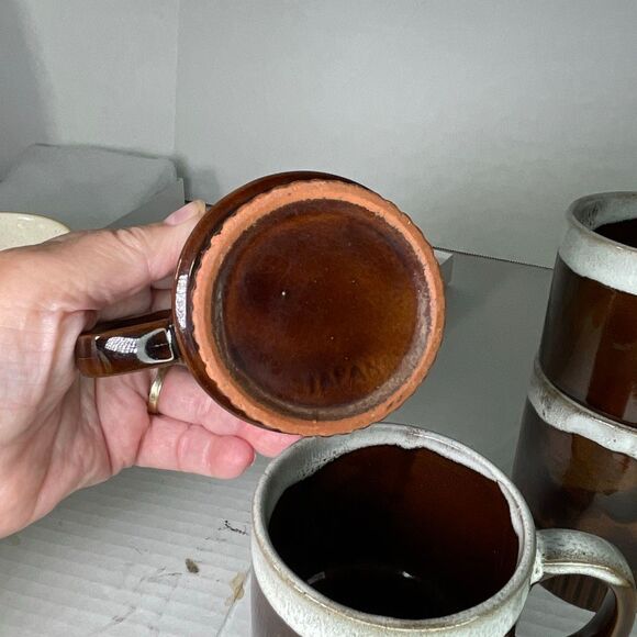 Lot of 4 drip glaze stackable Midcentury cups Japan chip - Picture 3 of 6